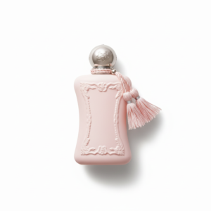 Bottle of Parfums de Marly Delina EDP fragrance on a white background with soft shadow